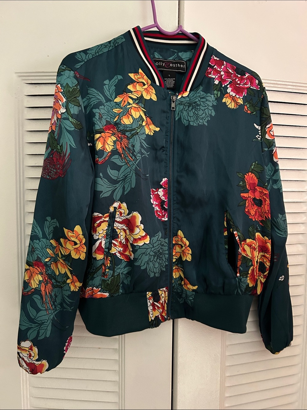 Polly & Esther Teal Floral Satin Bomber Jacket